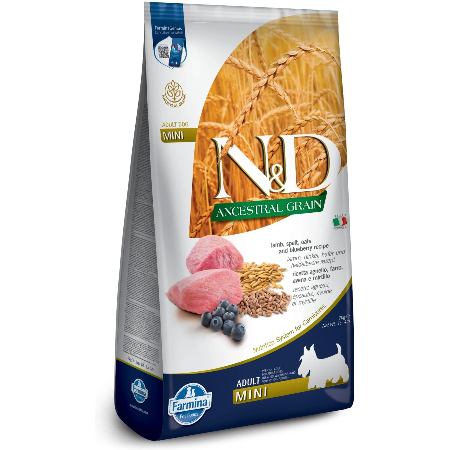 Farmina N&D Ancestral Grain Lamb & Blueberry Recipe Adult Mini Breed Dry Dog Food 1 Farmina N&D Ancestral Grain Lamb & Blueberry Recipe Adult Mini Breed Dry Dog Food