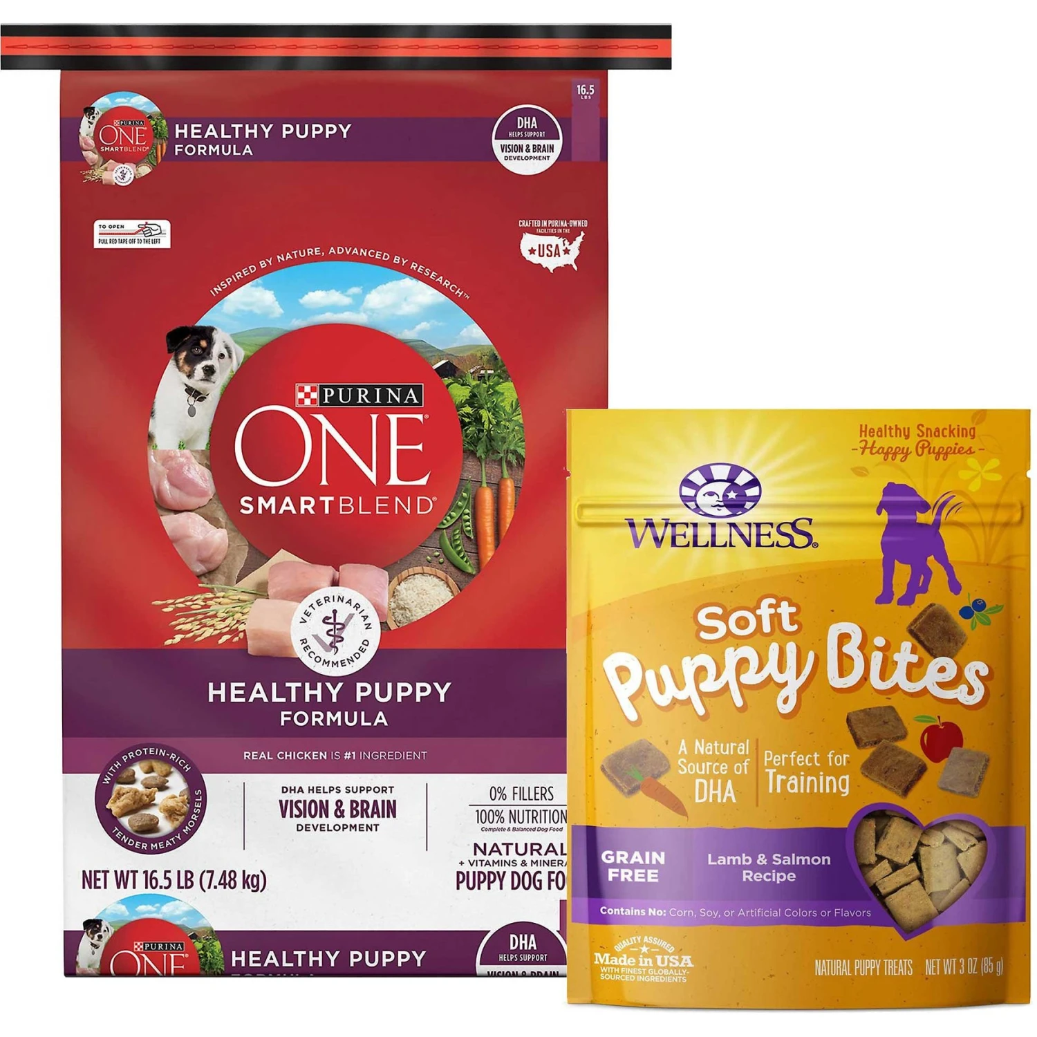 Purina ONE +Plus Natural High Protein Healthy Puppy Formula Dry Puppy Food & Wellness Soft Puppy Bites Lamb & Salmon Recipe Grain-Free Natural Dog Treats 1 Purina ONE +Plus Natural High Protein Healthy Puppy Formula Dry Puppy Food & Wellness Soft Puppy Bites Lamb & Salmon Recipe Grain-Free Natural Dog Treats
