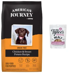American Journey Puppy Chicken & Sweet Potato Recipe Grain-Free Dry Dog Food & Tylee's Freeze-Dried Meals For Dogs, Chicken & Salmon Recipe