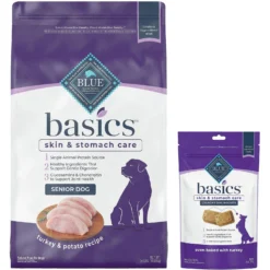 Blue Buffalo Basics Skin & Stomach Care Turkey & Potato Recipe Senior Dry Dog Food & Blue Buffalo Basics Skin & Stomach Care Biscuits Turkey & Potato Dog Treats
