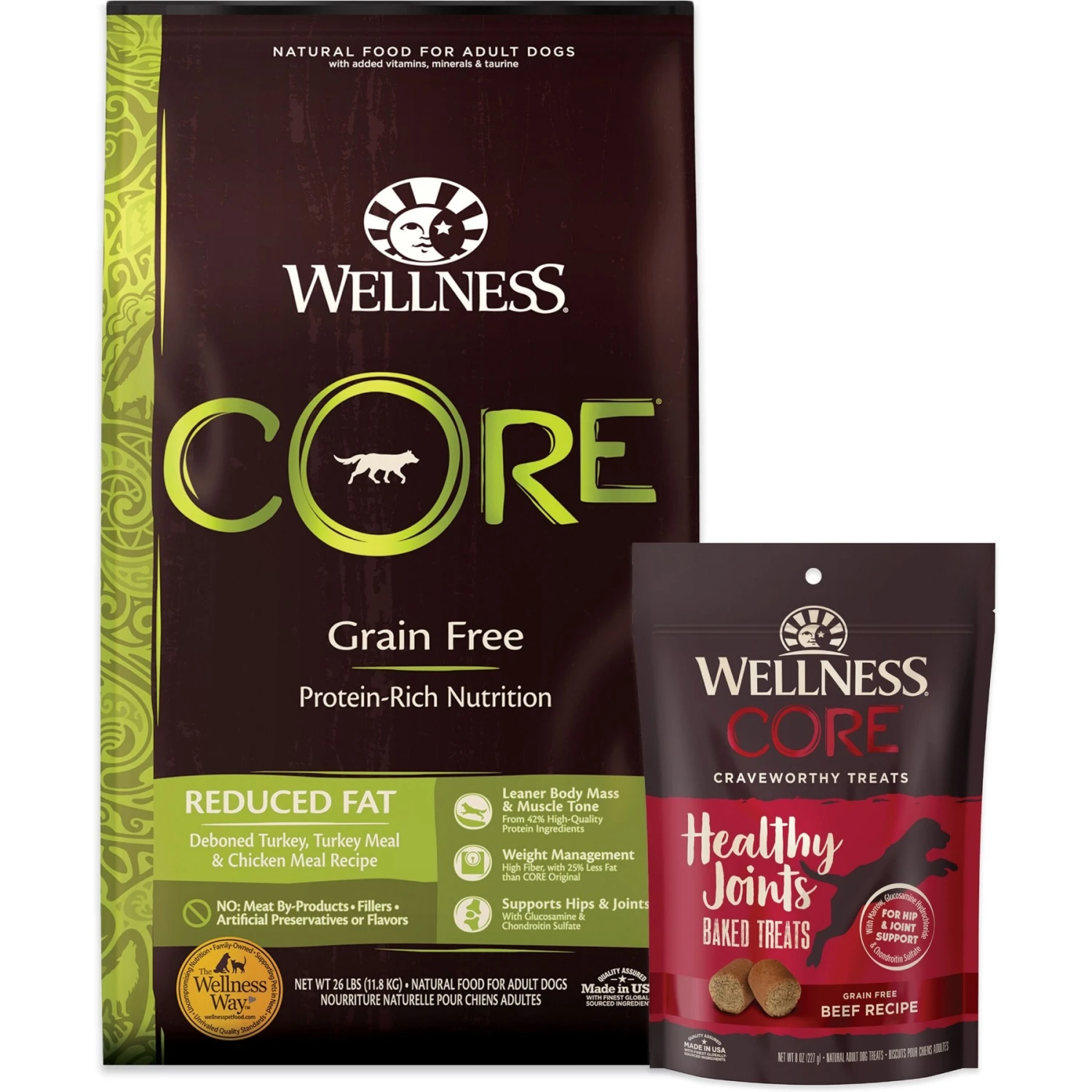 Wellness CORE Grain-Free Reduced Fat Turkey & Chicken Recipe Dry Dog Food & Wellness CORE Healthy Joints Beef Grain-Free Crunchy Dog Treats 1 Wellness CORE Grain-Free Reduced Fat Turkey & Chicken Recipe Dry Dog Food & Wellness CORE Healthy Joints Beef Grain-Free Crunchy Dog Treats