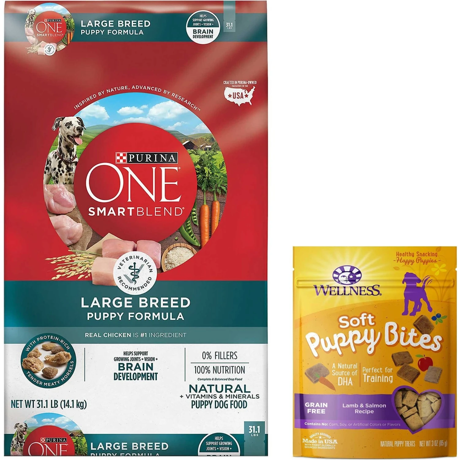 Purina ONE +Plus Natural Large Breed Formula Dry Puppy Food & Wellness Soft Puppy Bites Lamb & Salmon Recipe Grain-Free Natural Dog Treats 1 Purina ONE +Plus Natural Large Breed Formula Dry Puppy Food & Wellness Soft Puppy Bites Lamb & Salmon Recipe Grain-Free Natural Dog Treats
