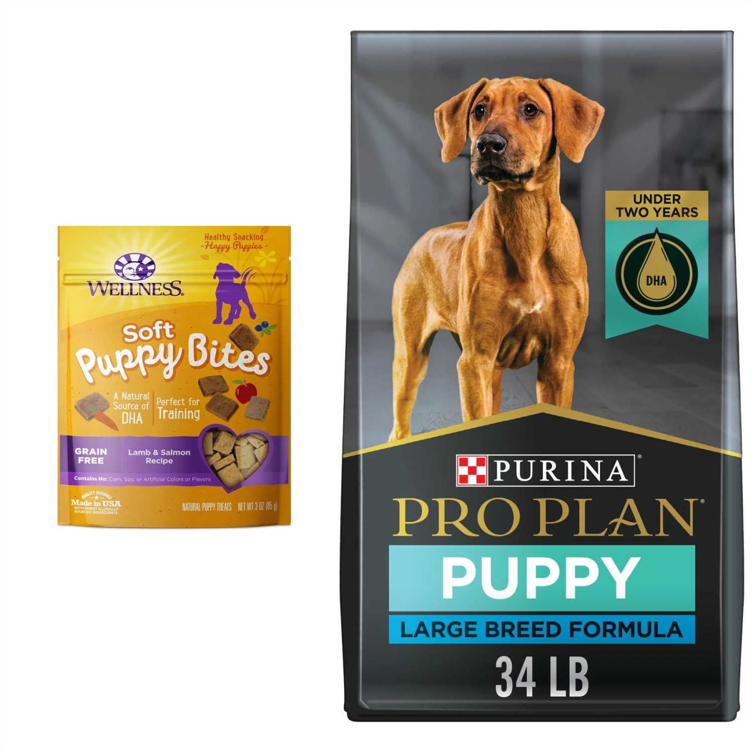 Purina Pro Plan High Protein Chicken & Rice Formula Large Breed Dry Puppy Food & Wellness Soft Puppy Bites Lamb & Salmon Recipe Grain-Free Natural Dog Treats 1 Purina Pro Plan High Protein Chicken & Rice Formula Large Breed Dry Puppy Food & Wellness Soft Puppy Bites Lamb & Salmon Recipe Grain-Free Natural Dog Treats