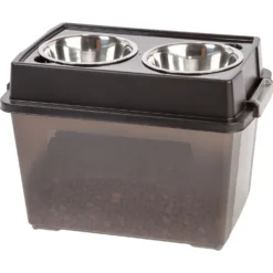 IRIS USA WeatherPro Airtight Elevated Pet Feeder With Food Storage Container & Bowls In Lid, Smoke/Black, 8-cup