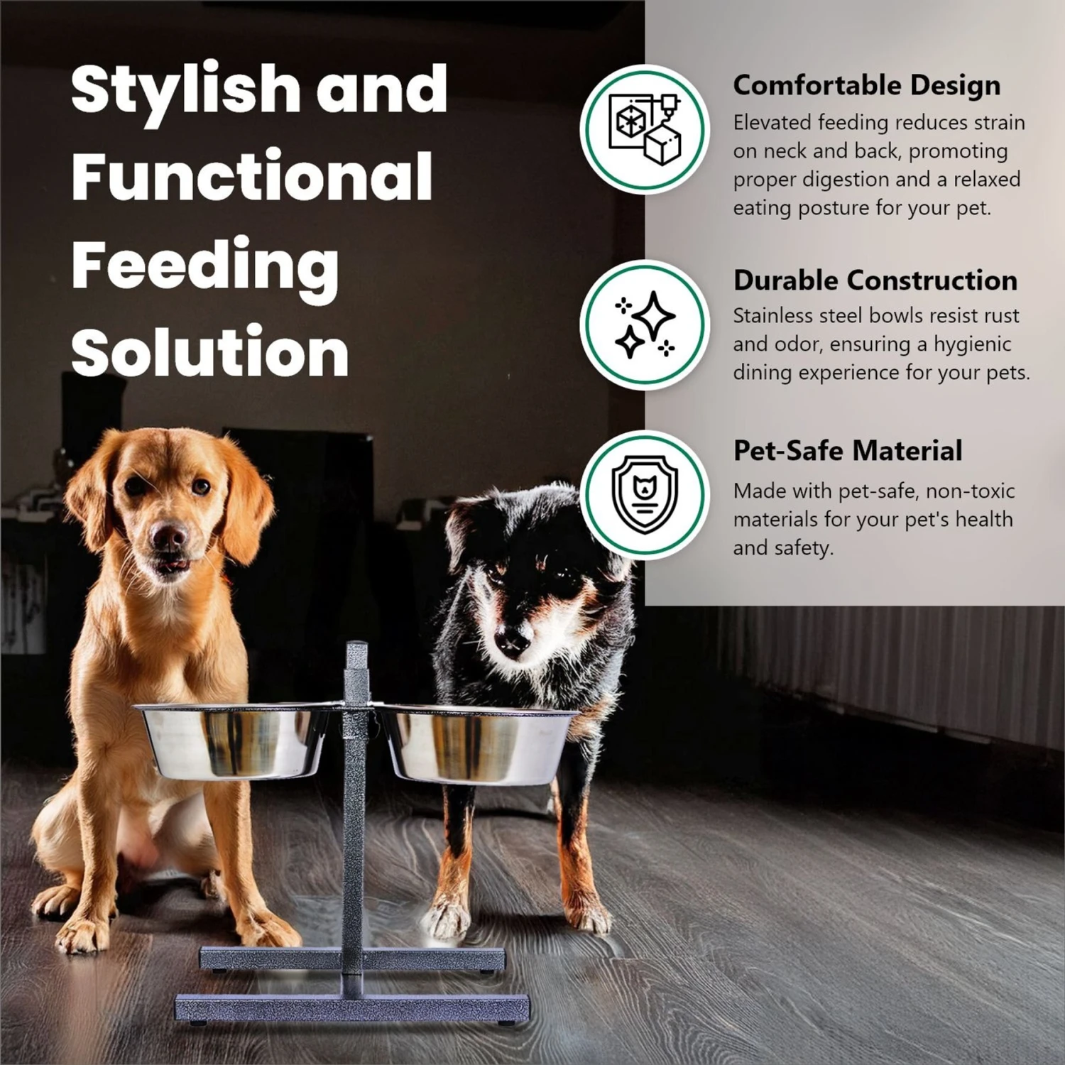 Iconic Pet Adjustable Stainless Steel Elevated Dog Bowl, H Design 2 Iconic Pet Adjustable Stainless Steel Elevated Dog Bowl, H Design - Image 2